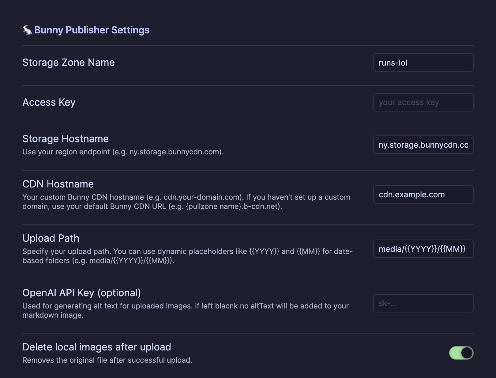 Bunny Publisher settings interface with configuration options.