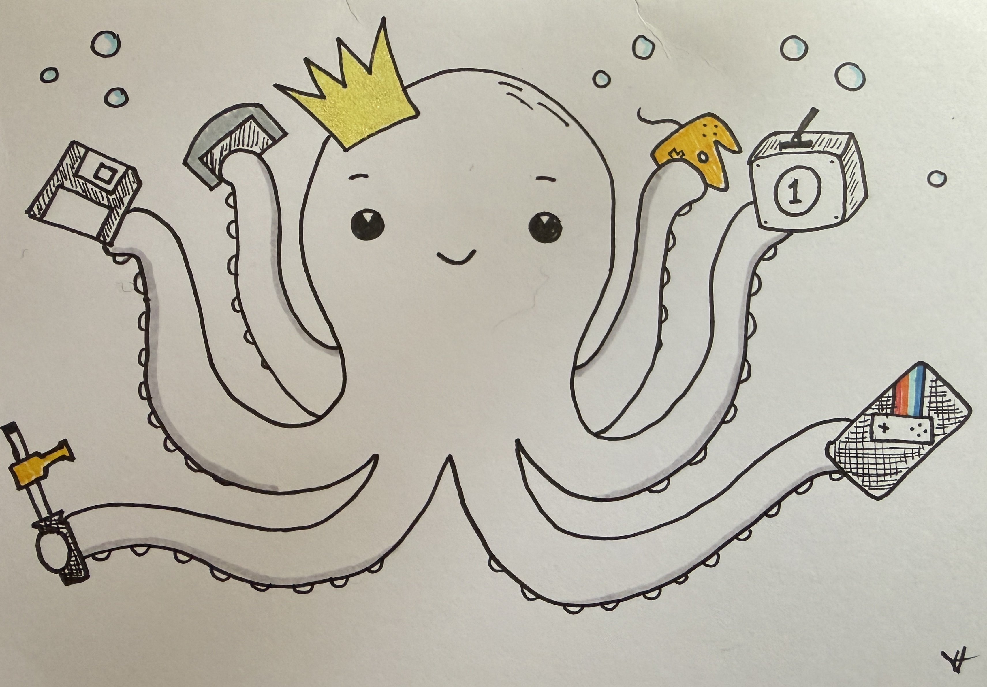 Cartoon octopus with a gold crown holds various retro tech, gaming gear, and a hammer, surrounded by bubbles.